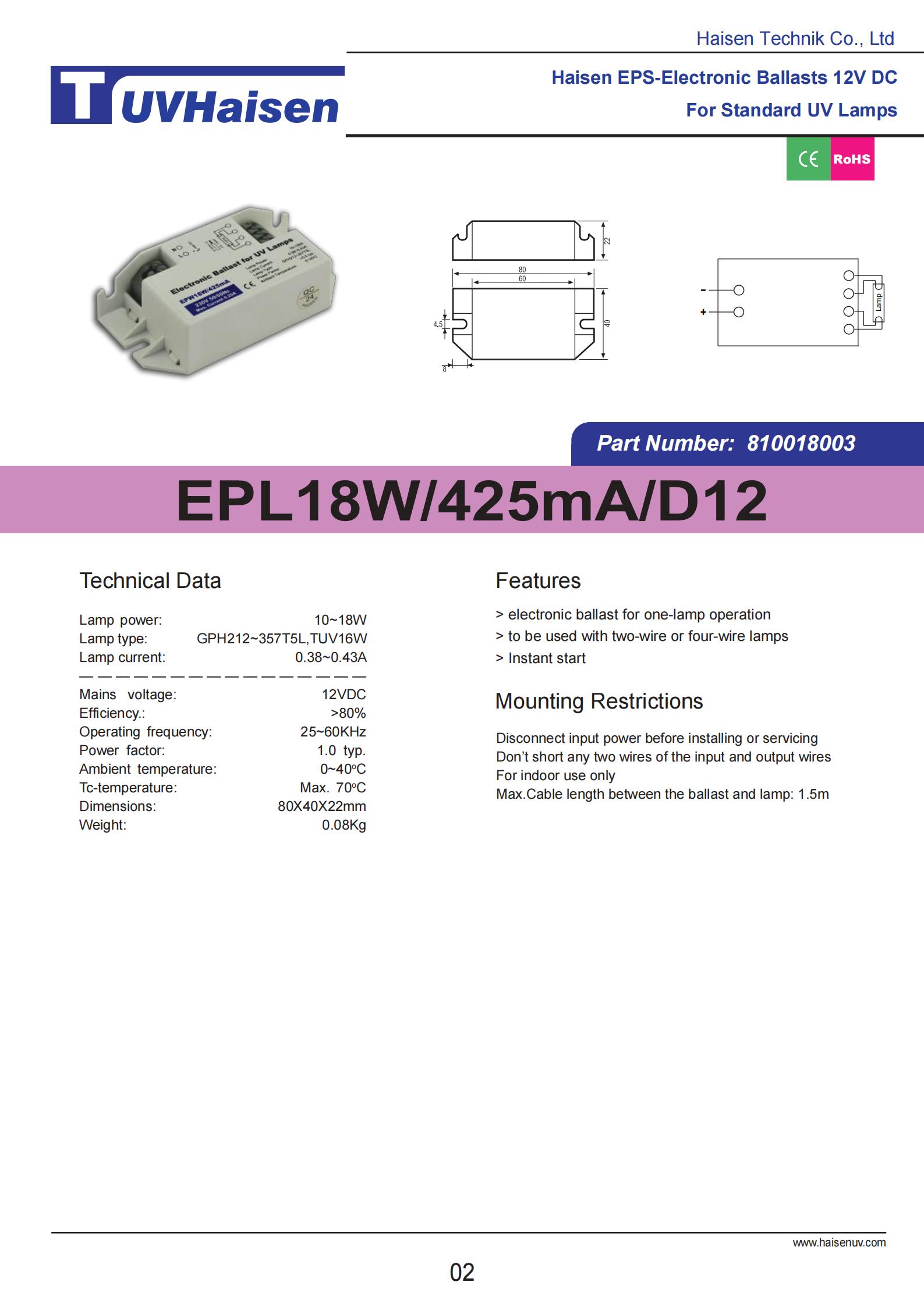 Ultraviolet Ballast EPS18W/425mA/D12 για υπεριώδη ακτινοβολία