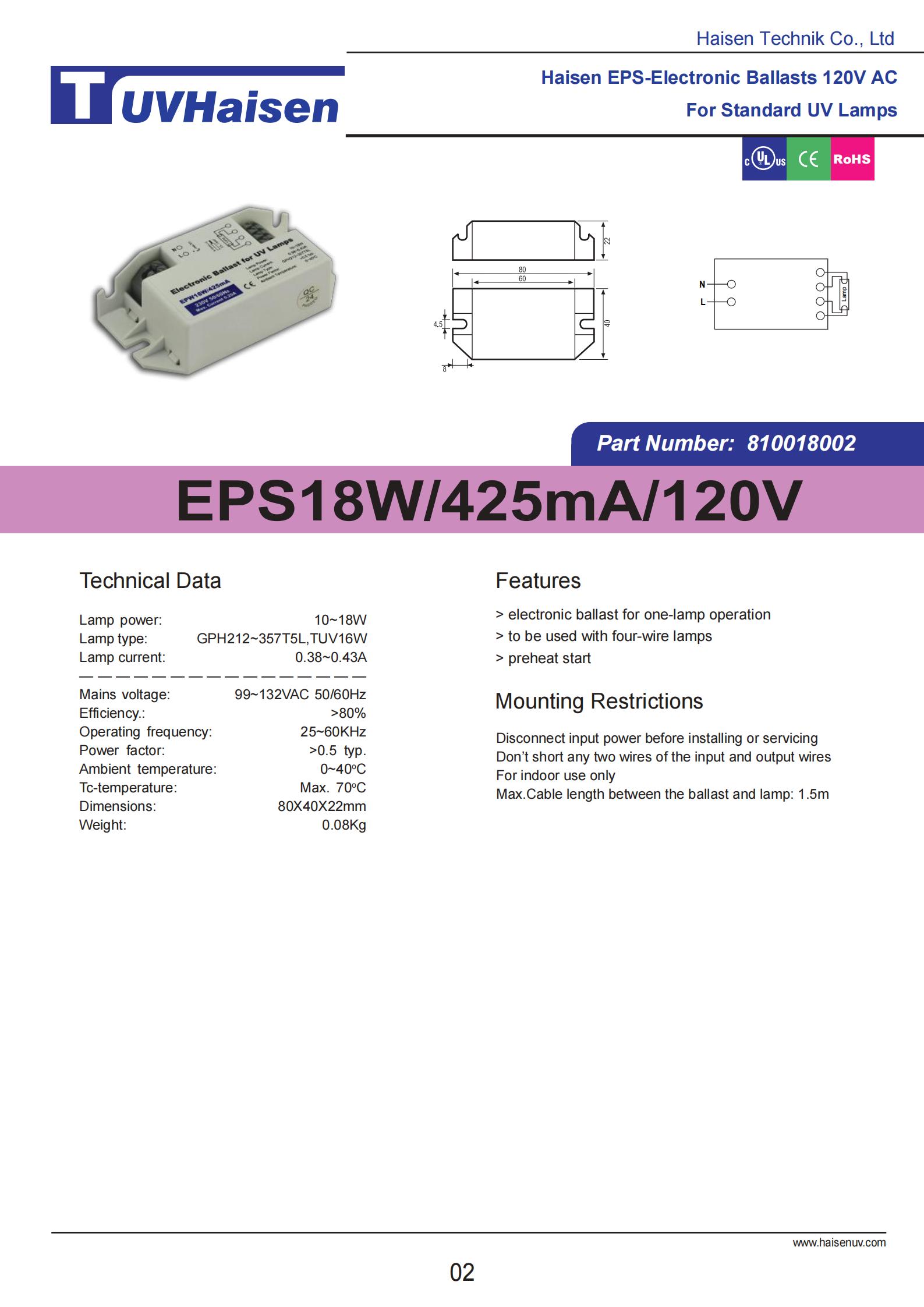 Reator ultravioleta EPS18W/425mA/120V para luz ultravioleta