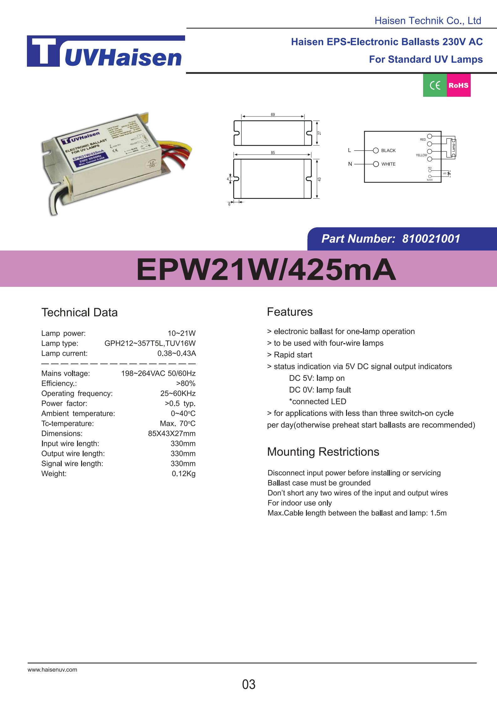 Ultraviolet Ballast EPW21W/425mA for uv light