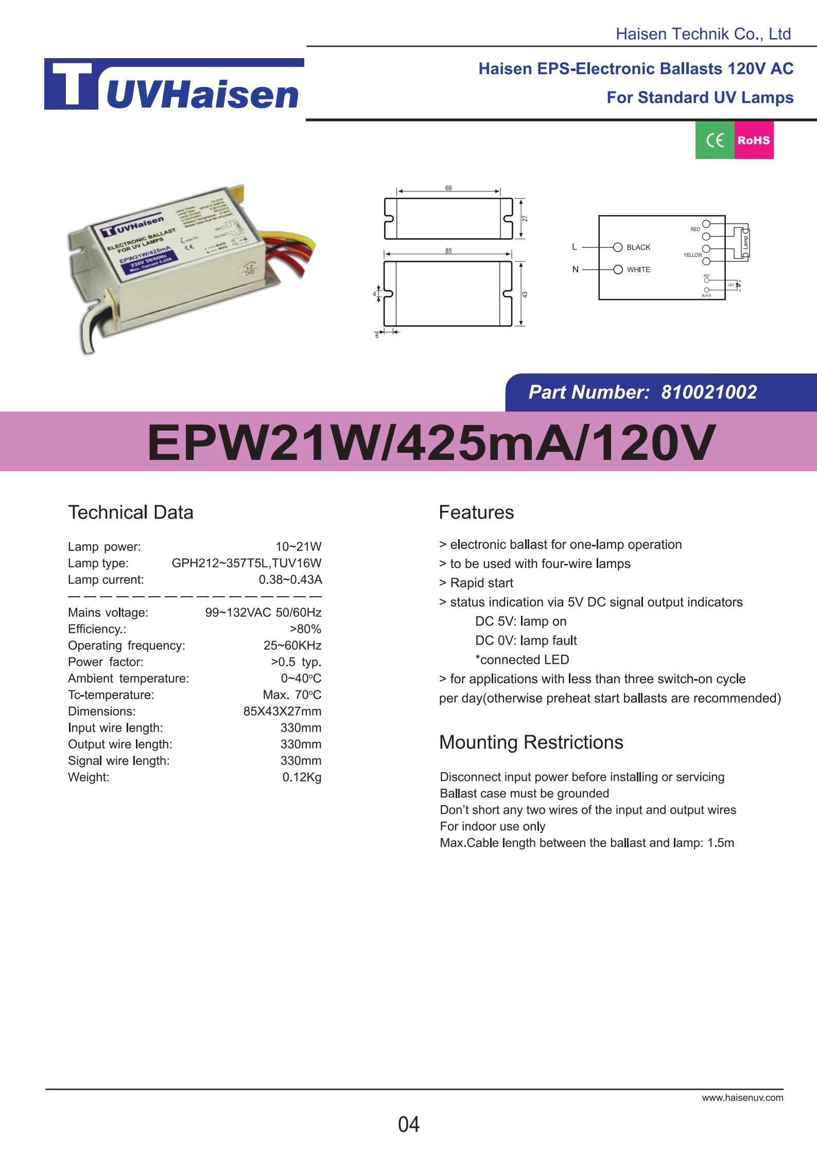  Ultraviolet Ballast EPW21W/425mA /120V for uv light