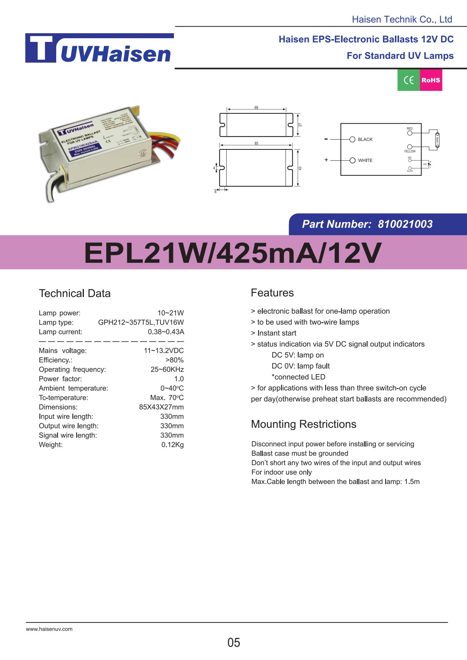 Ultraviolet Ballast EPW21W/425mA/12V for uv light