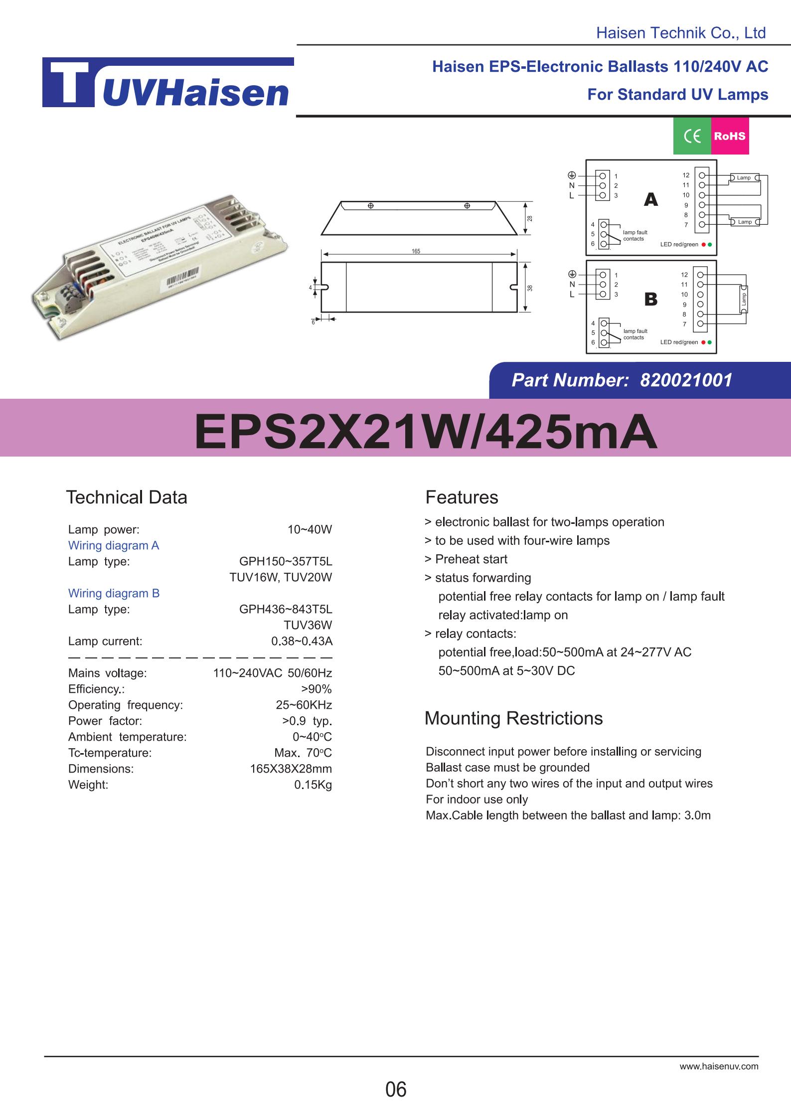ultravoilet ballast EPS2X21W/425mA FOR UV LIGHTS