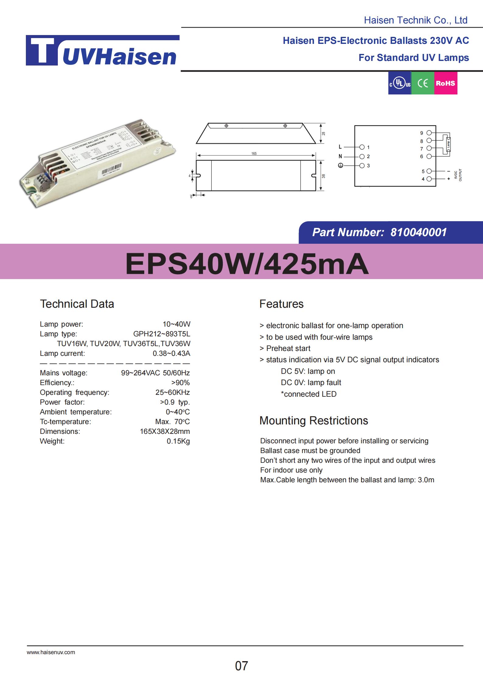  ultravoilet ballast EPS40W/425mA FOR UV LIGHTS