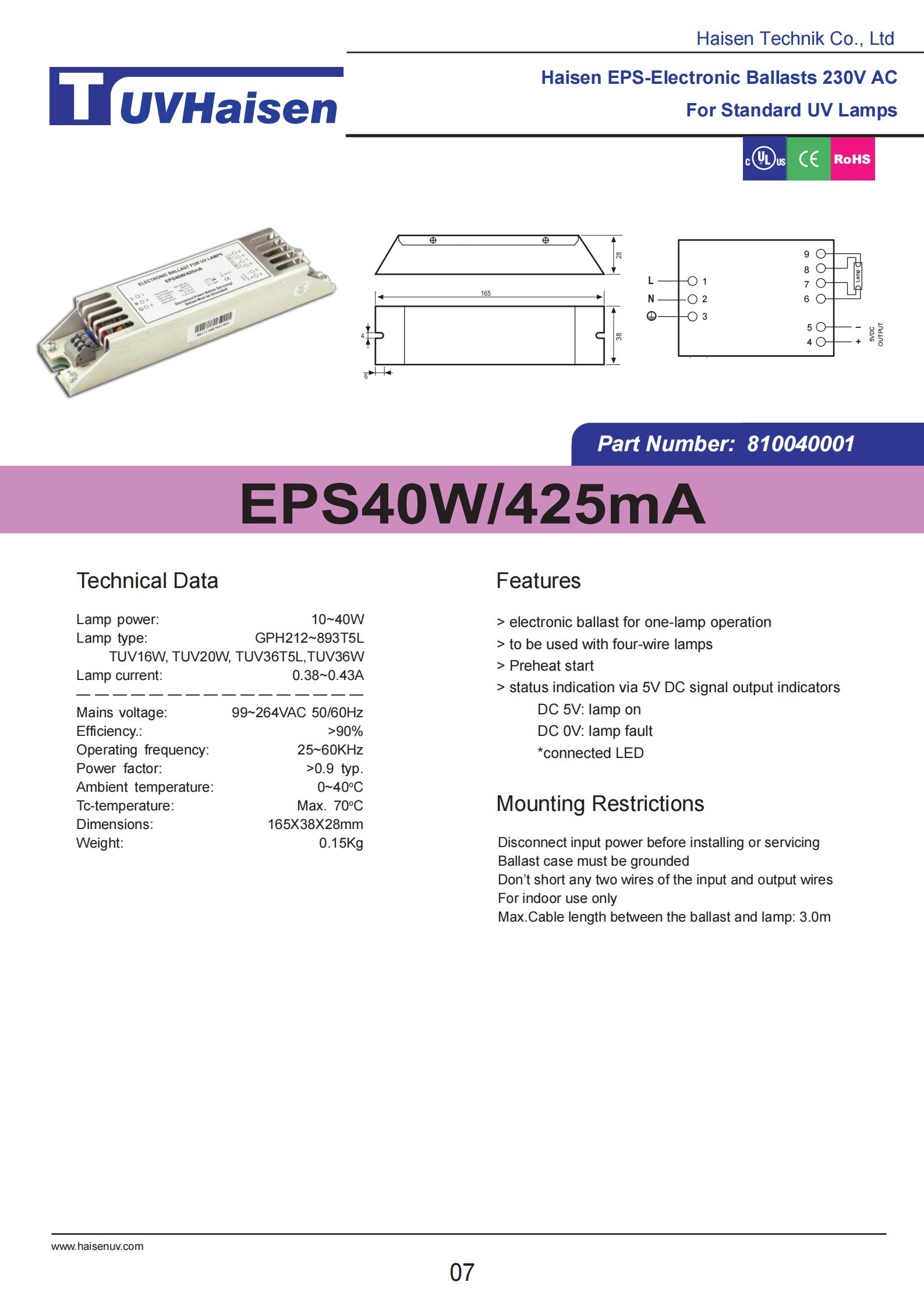 ultravoilet ballast EPS40W/425mA FOR UV LIGHTS