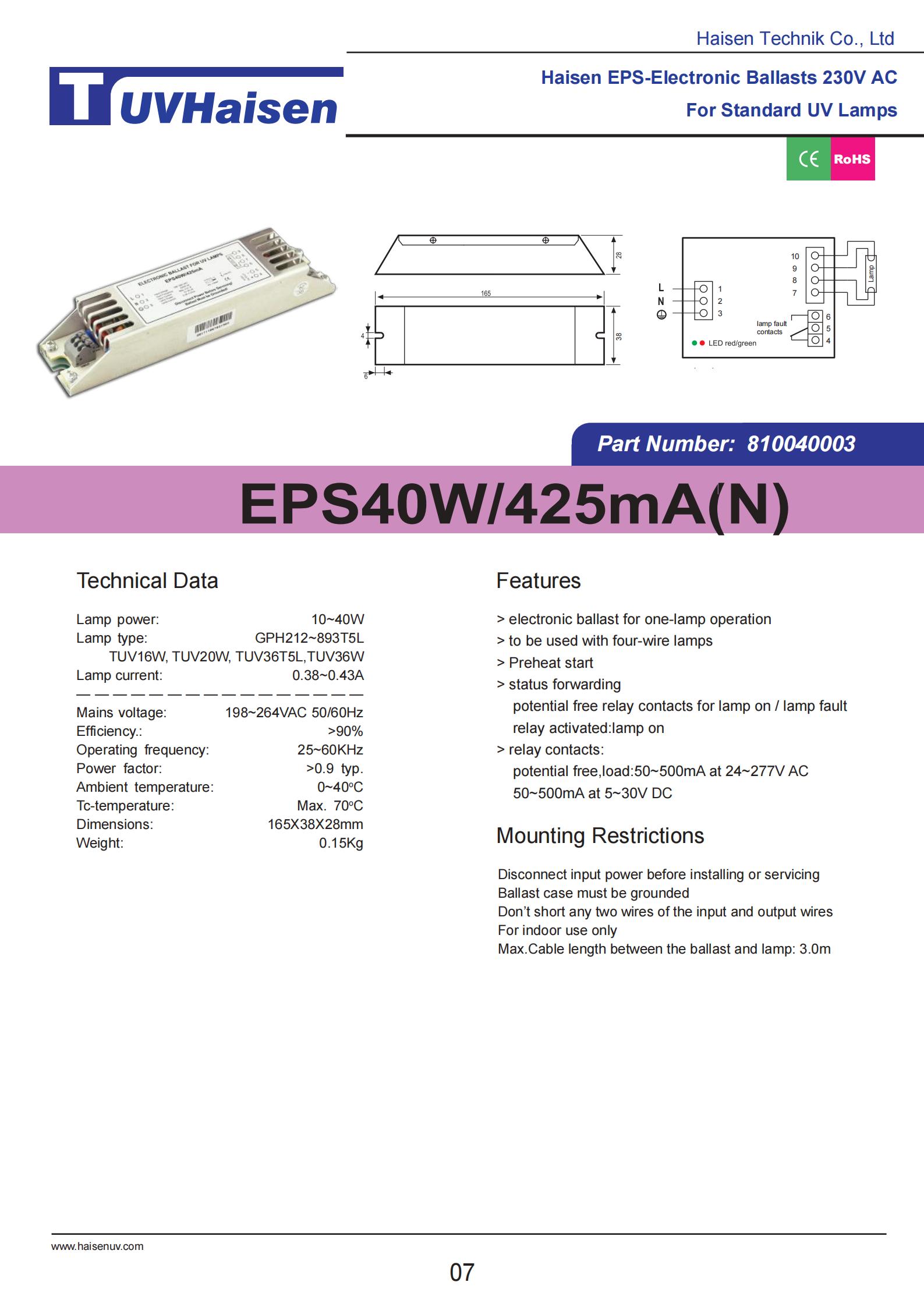  ultravoilet ballast EPS40W/425mA/N FOR UV LIGHTS