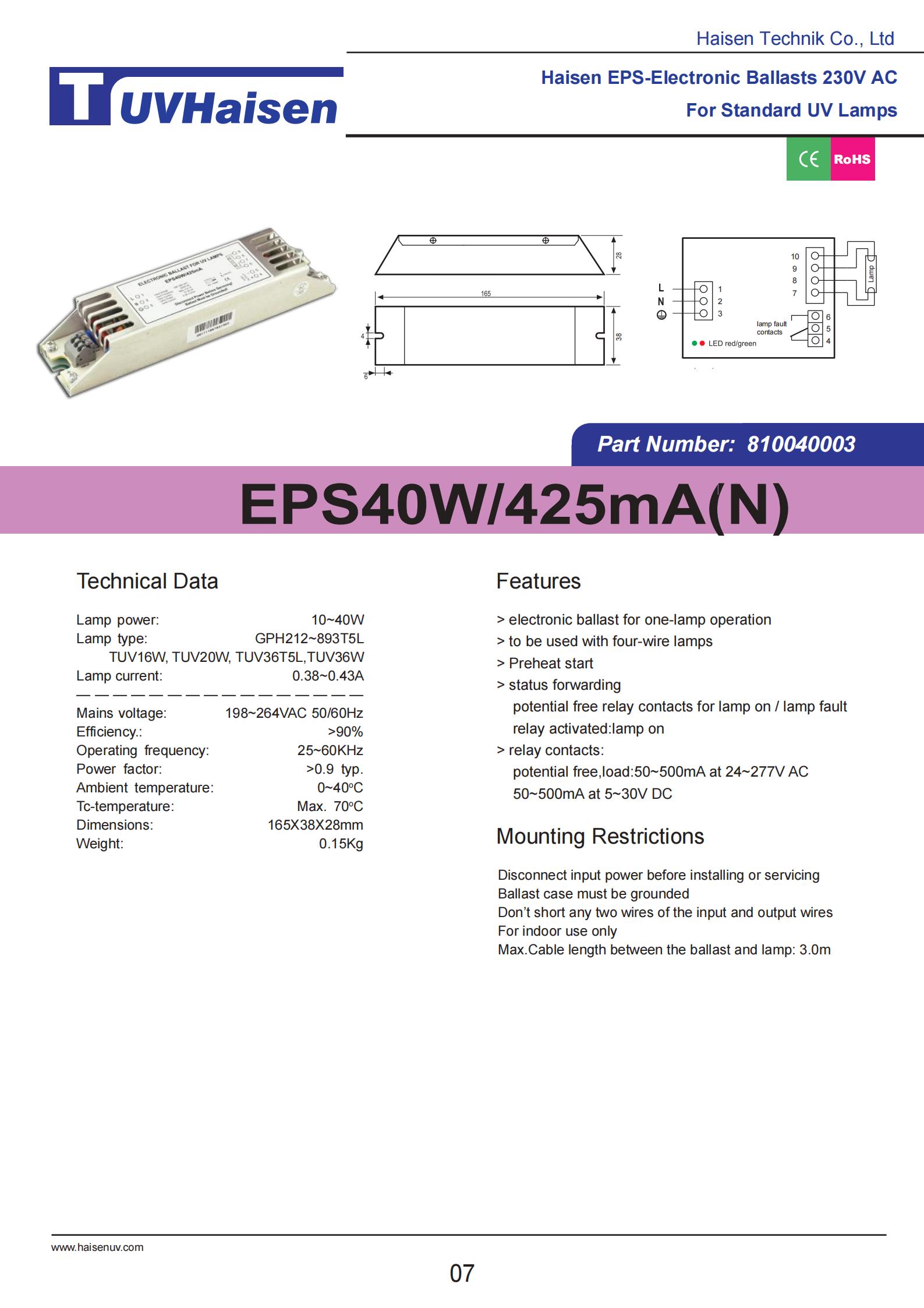 UV IŞIKLARI İÇİN ultraviyole balast EPS40W/425mA/N
