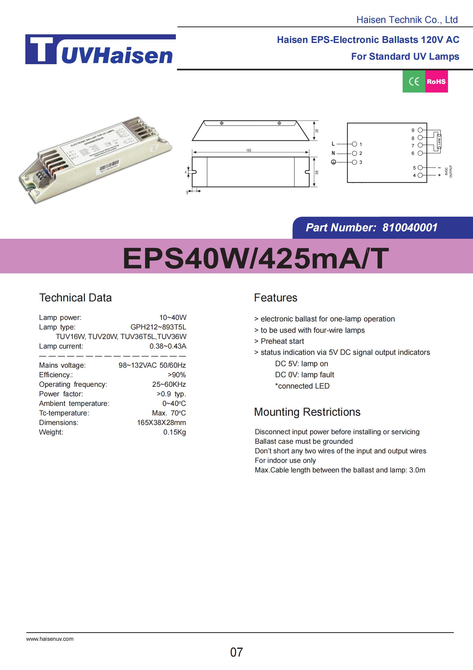  ultravoilet ballast EPS40W/425mA/T FOR UV LIGHTS