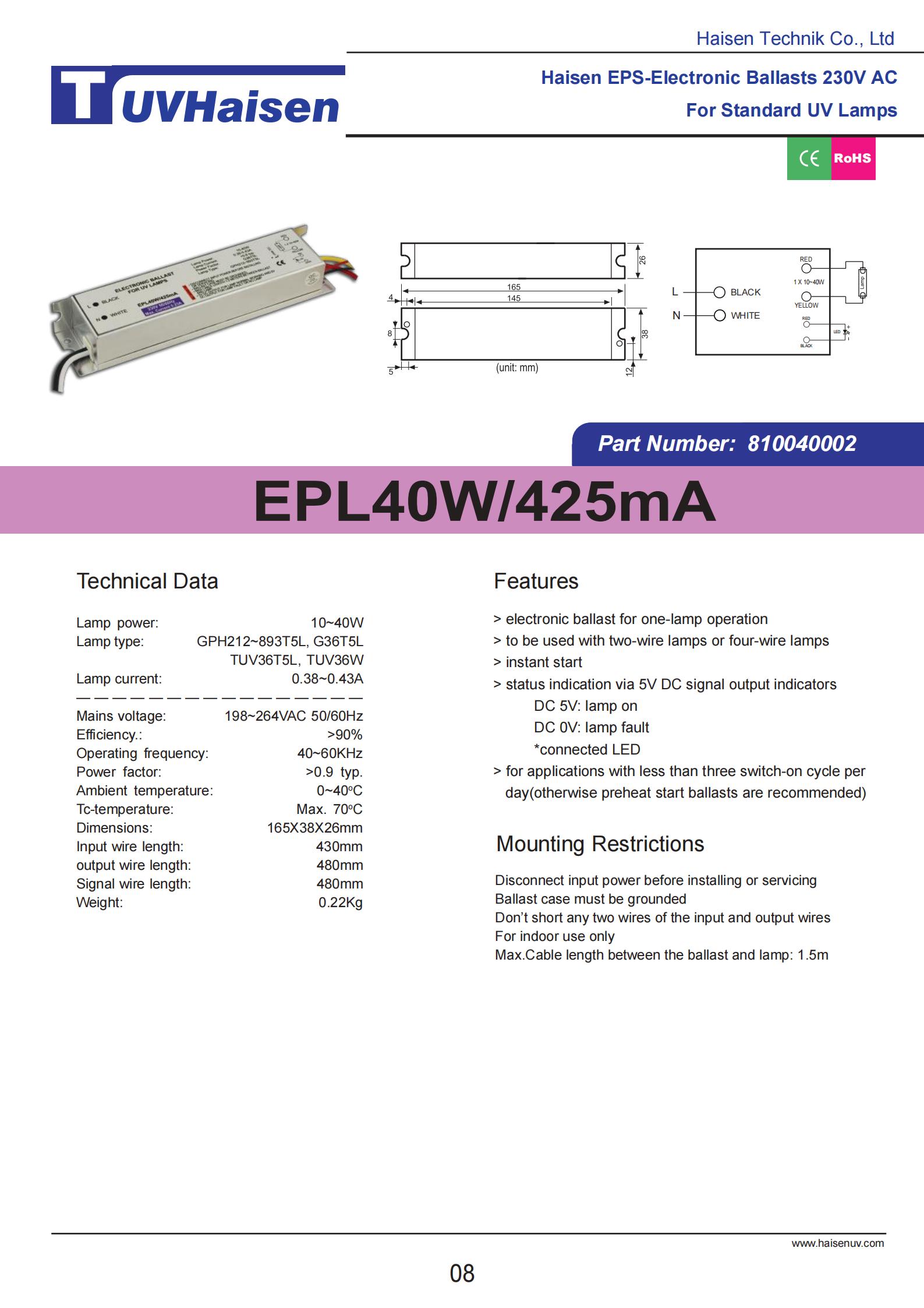  ultravoilet ballast EPL40W/425mA FOR UV LIGHTS
