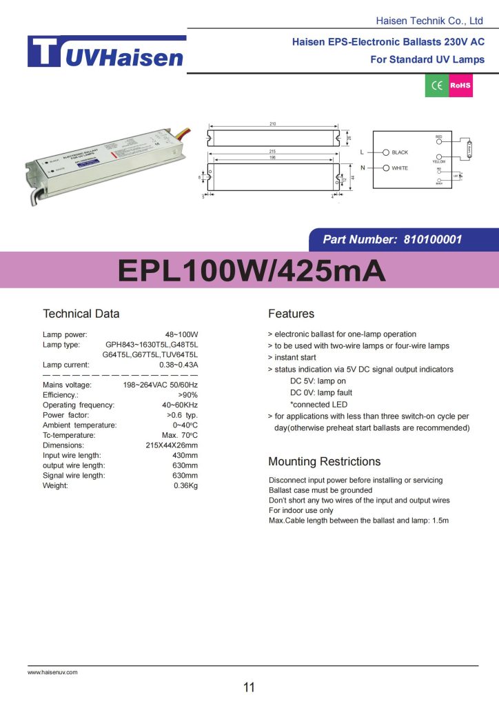 Ph830l UV 램프 전원 공급 장치 EPL100W/425MA GPH843 ~ 1630T5L UV LIGHT