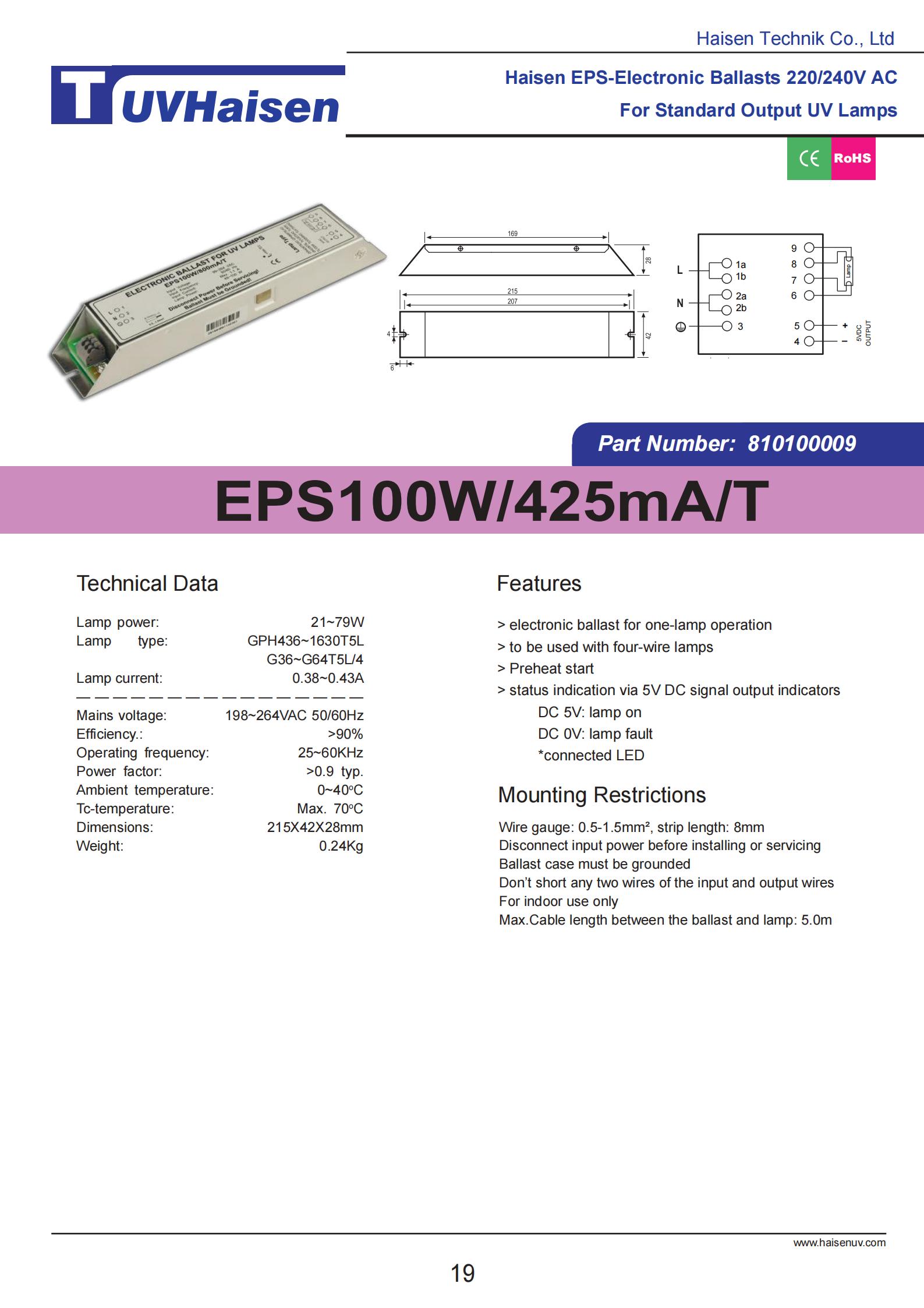  ultravoilet ballast EPS100W/425mA/T FOR UV LIGHTS