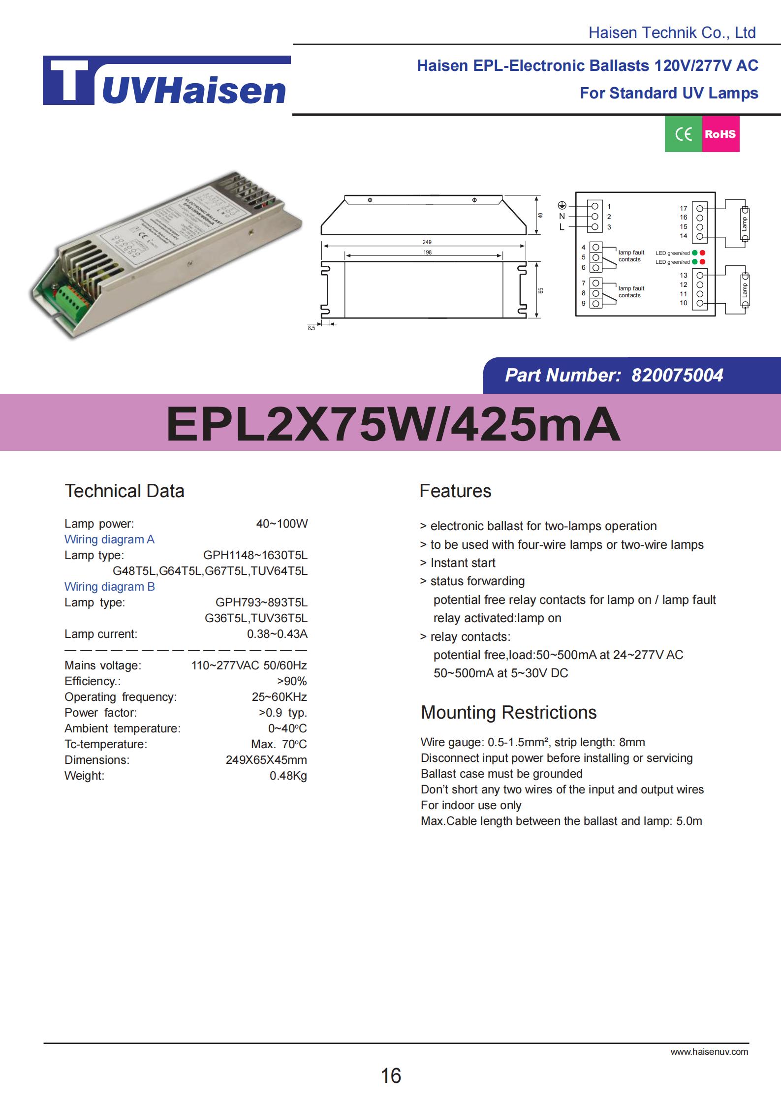 بالاست ماوراء بنفش EPS2X75W/425mA برای نورهای UV