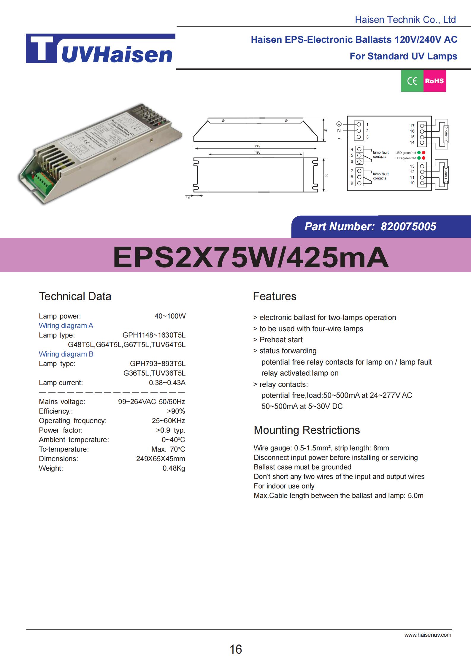 ultravoilet ballast EPS2X75W/425mA FOR UV LIGHTS