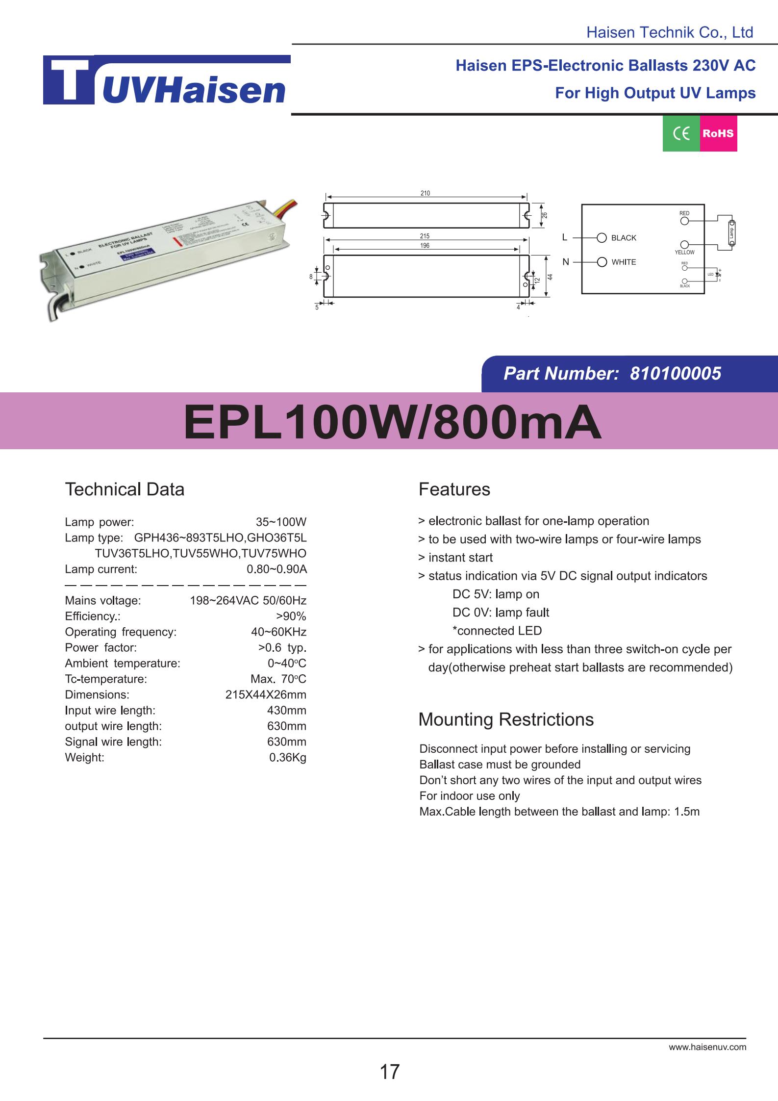 UV ballast EPL100W/800mA