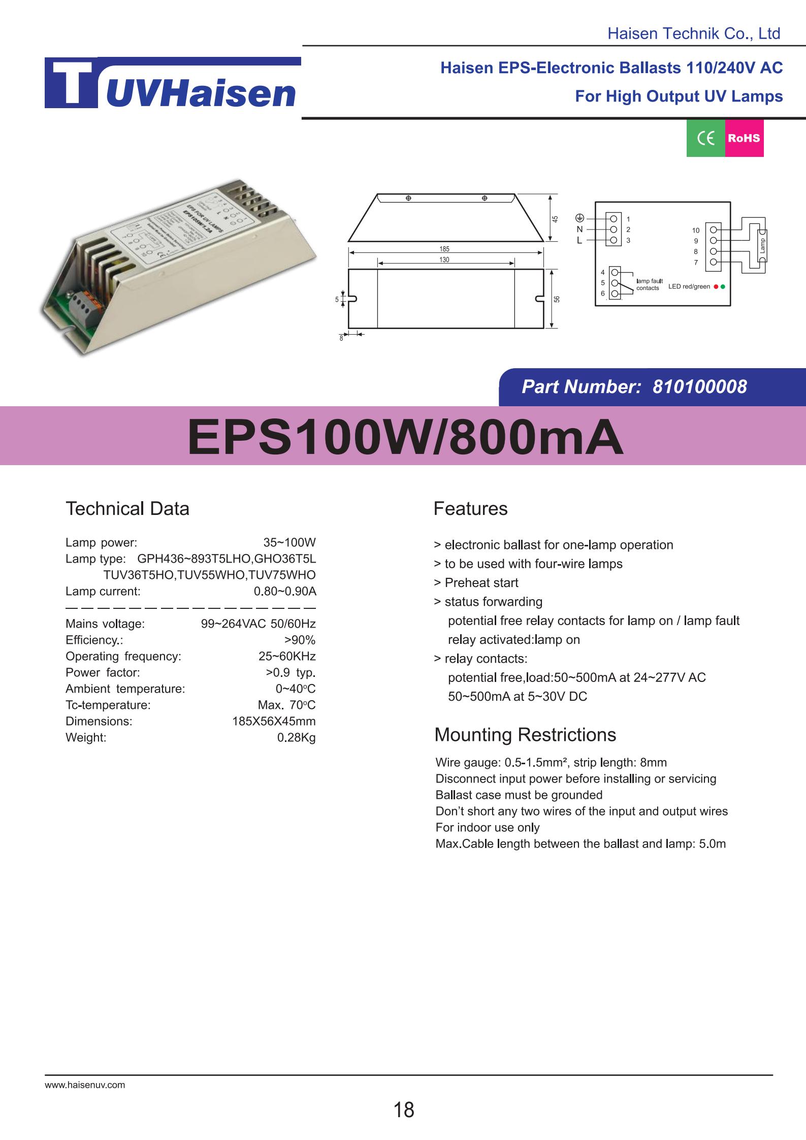 uv ballast EPS100W/800mA