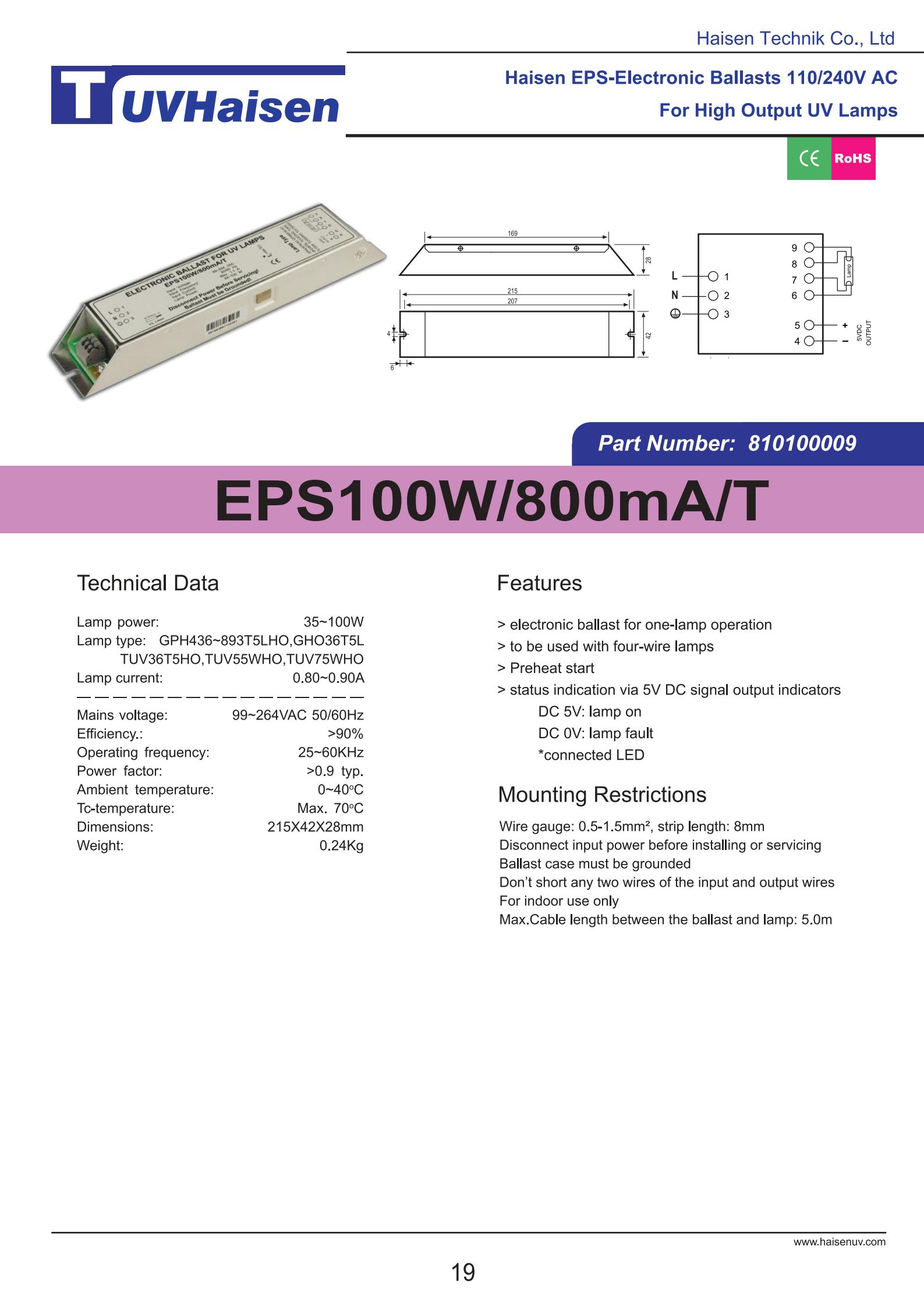 UV Germicidal Ballast EPS100W/800mA/T