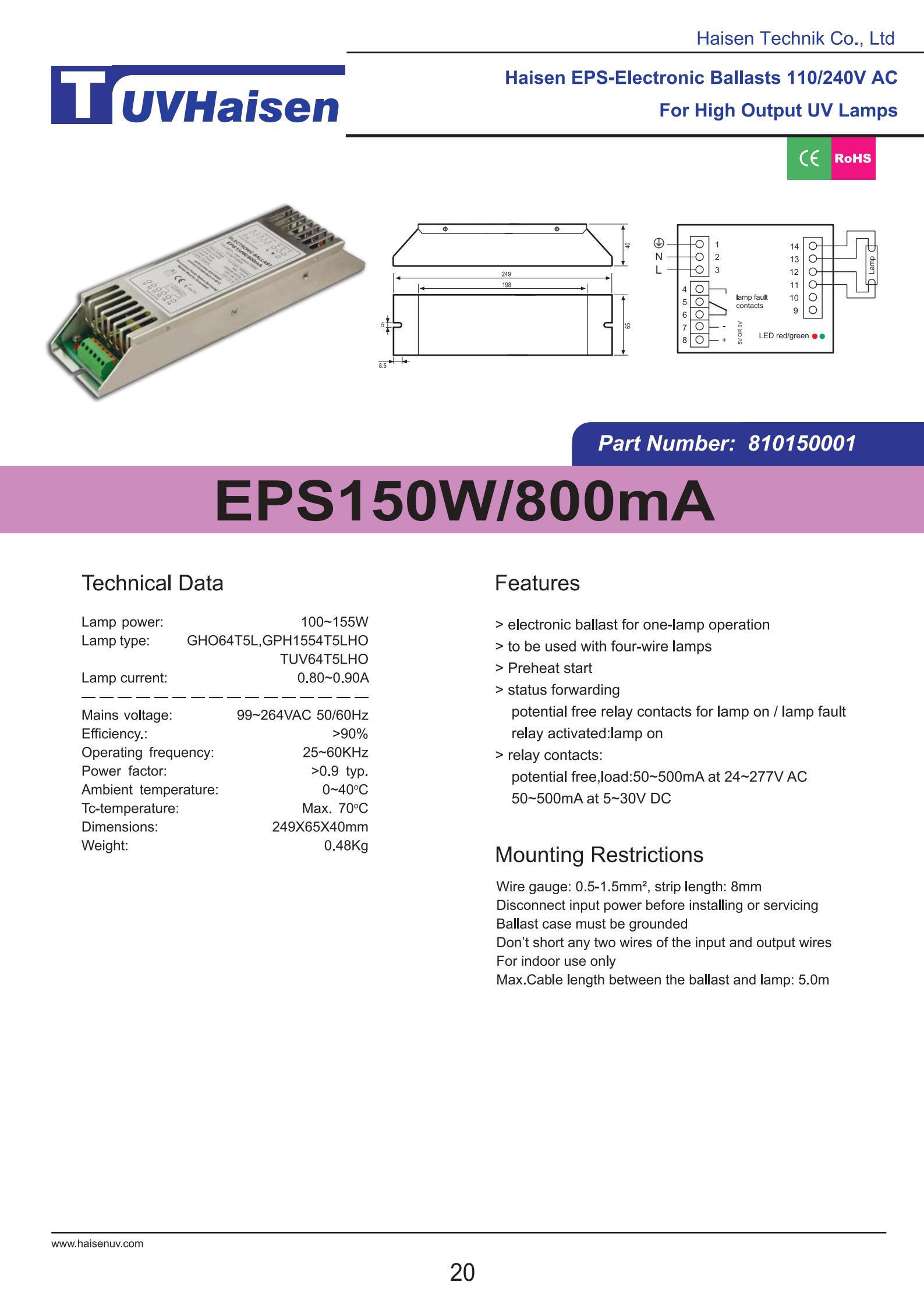 UV Germicidal Ballast EPS150W/800mA