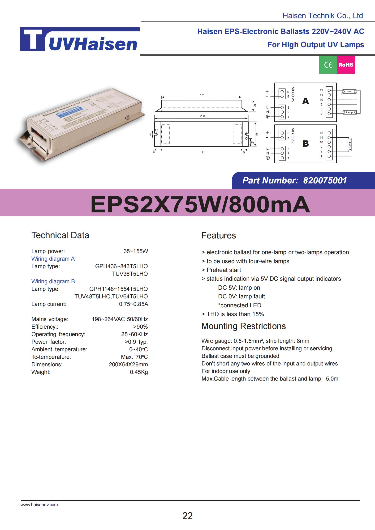UV Germicidal Ballast EPS2x75W/800mA for uv lamp