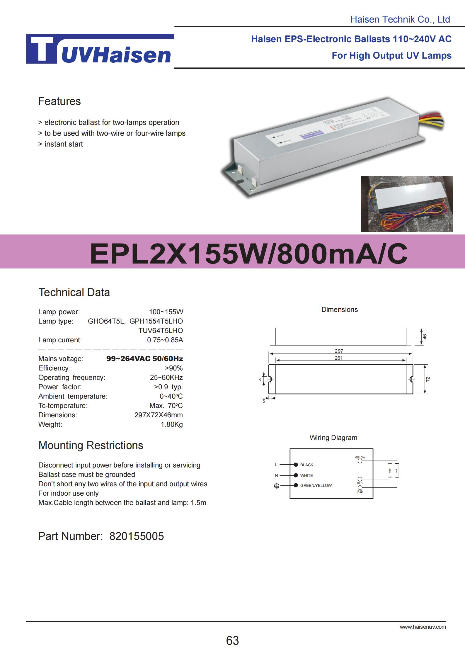 UV Germicidal Ballast EPL2x155W/800mA/C for uv lamp