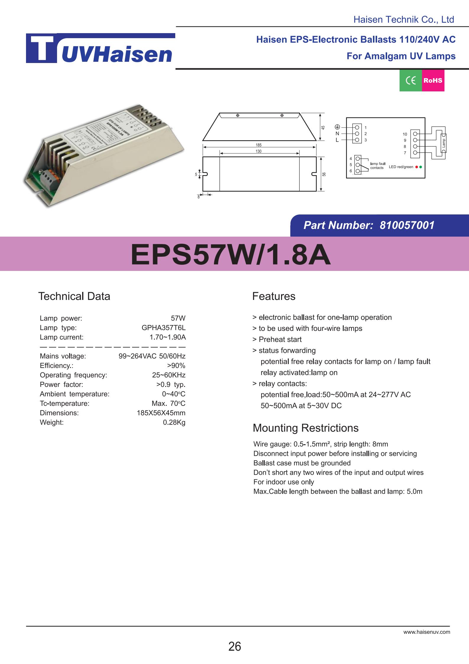 BALLAST UV EPS57W/1.8A