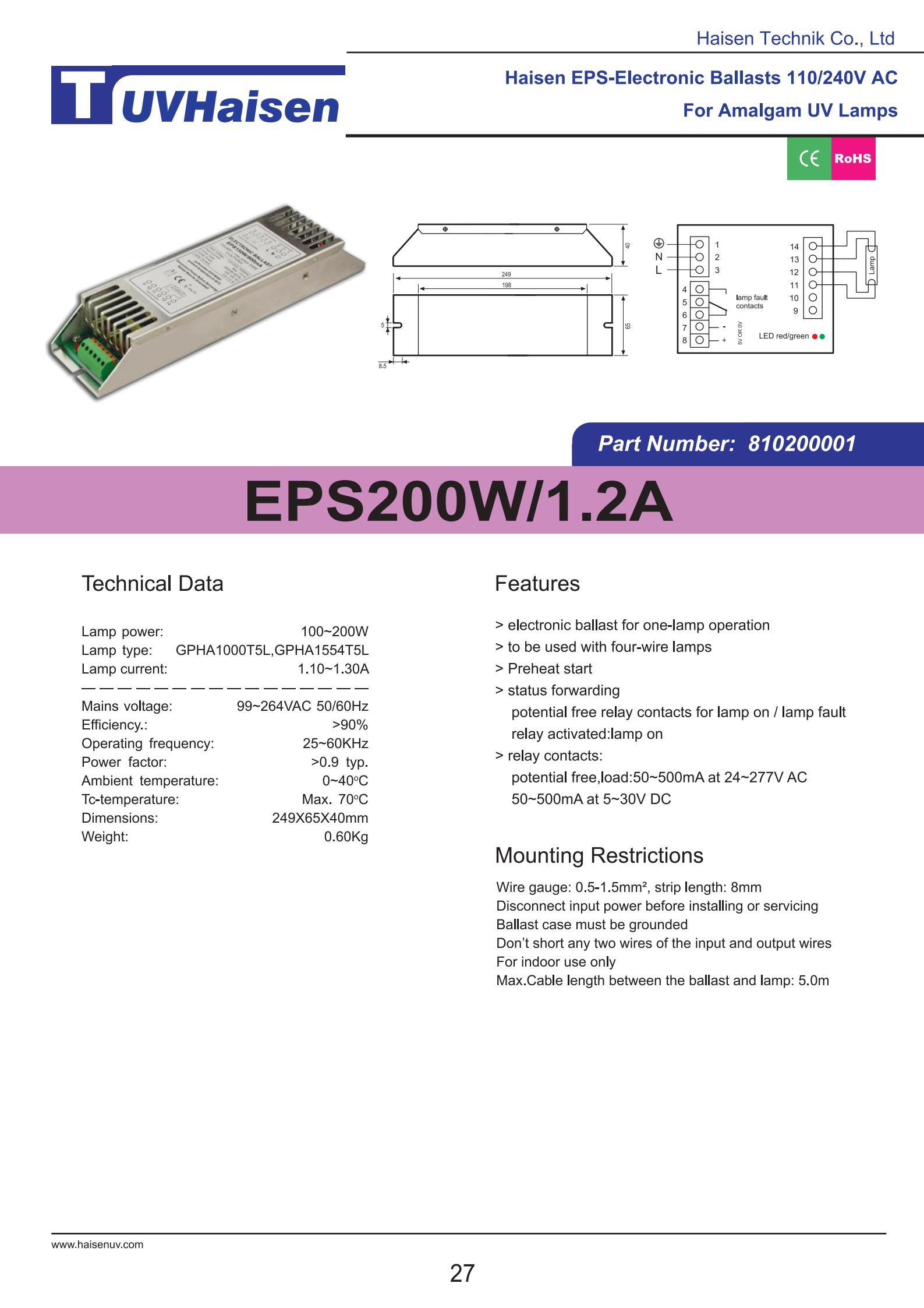 UV BALLAST EPS200W/1.2A