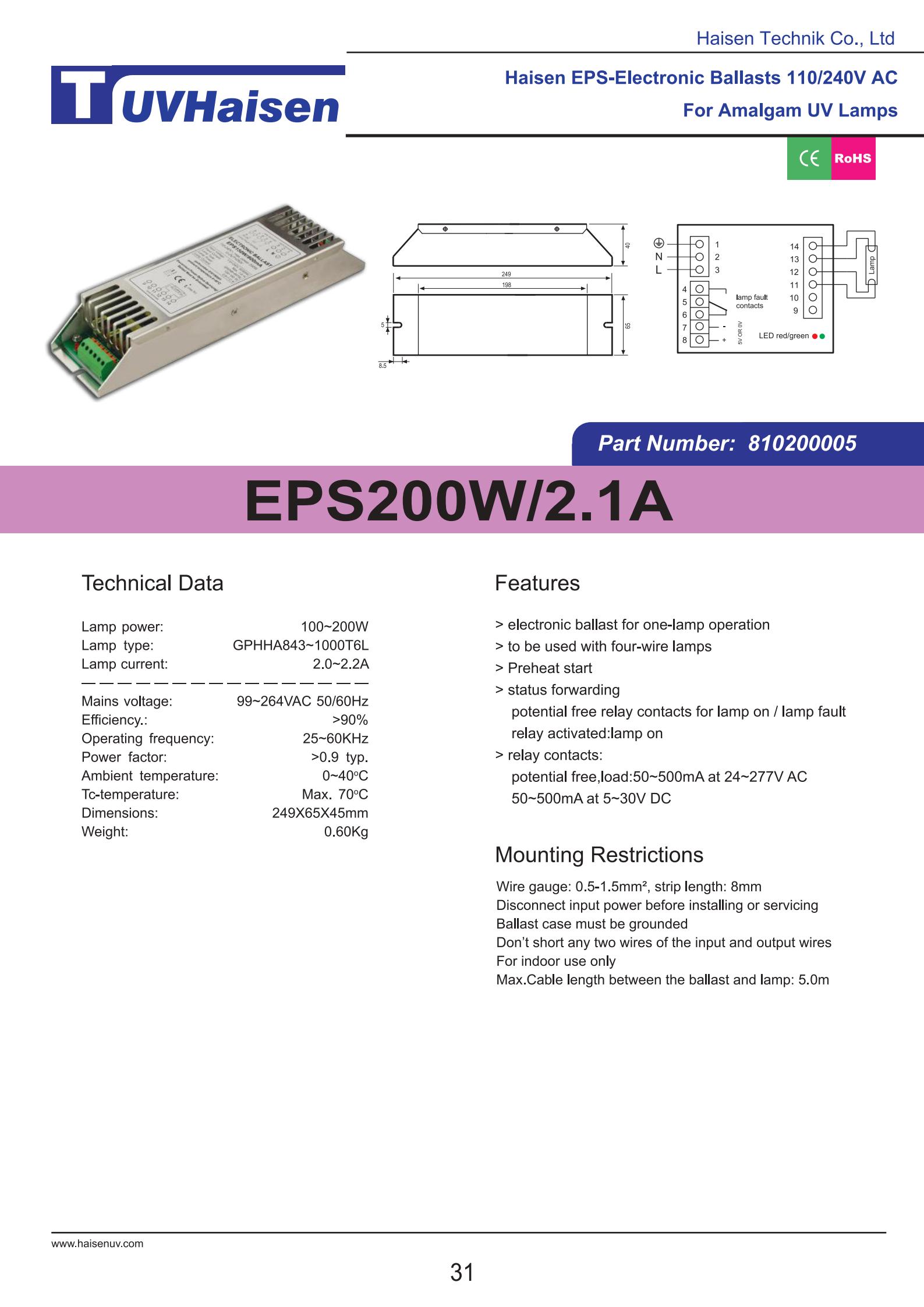 alimentatore UV EPS200W/2.1A