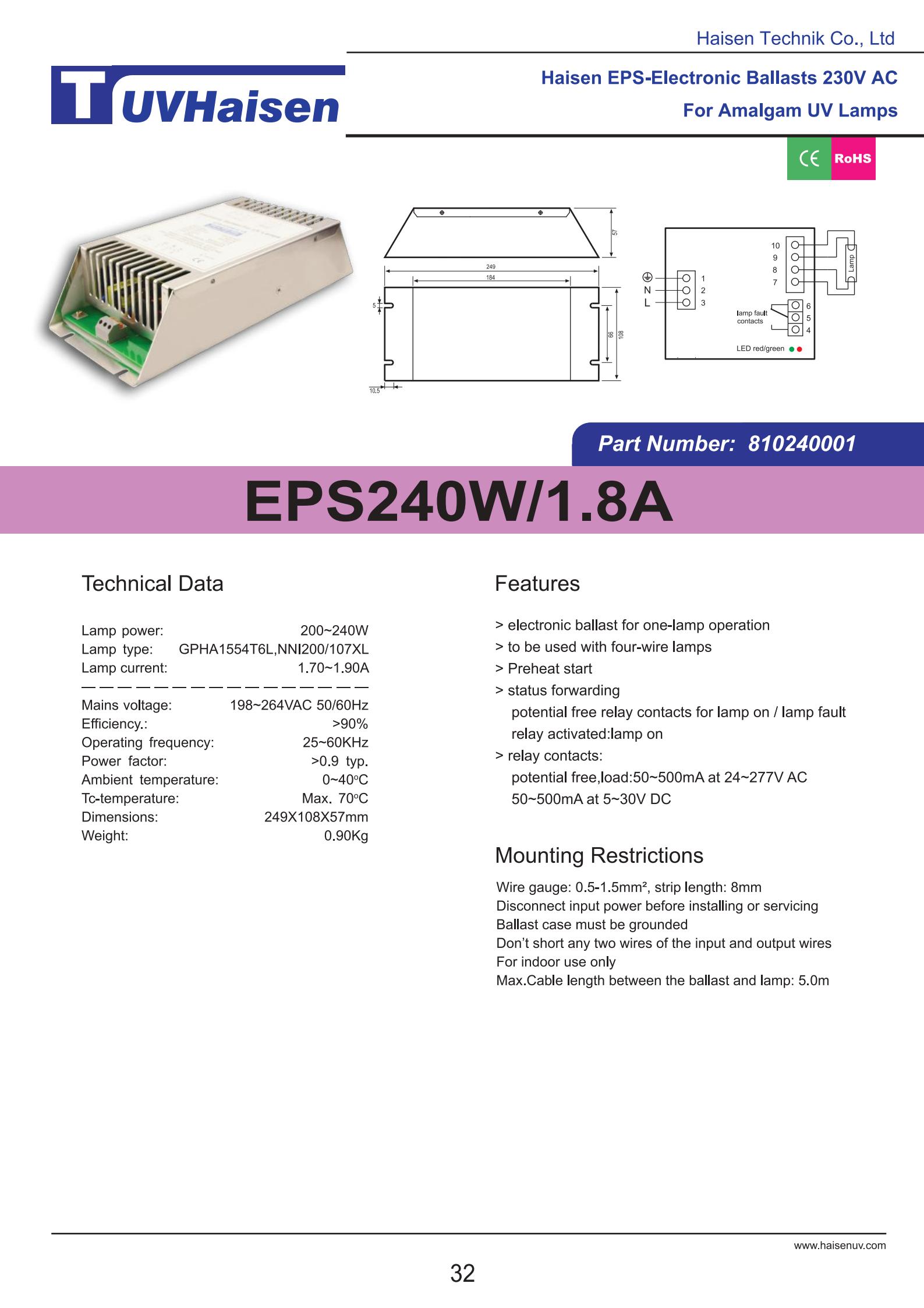 UV-Vorschaltgerät EPS240W/1.8A
