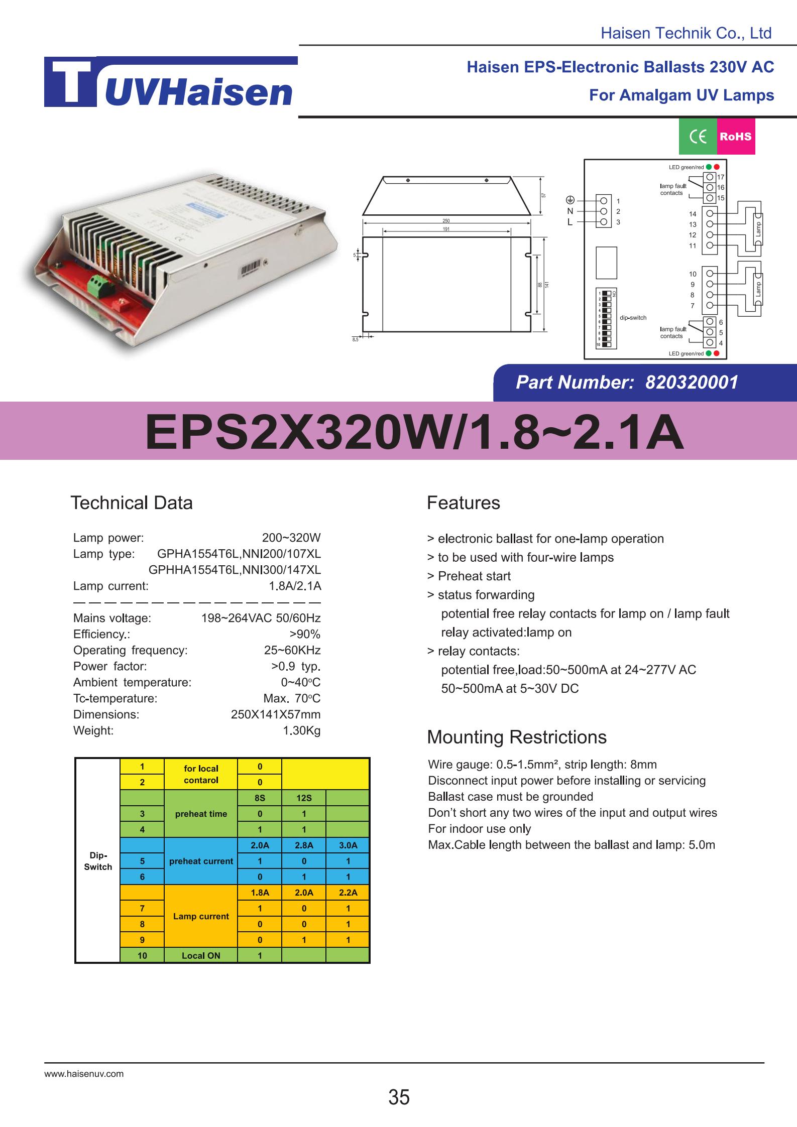 UV BALLAST EPS2X320W/1.8-2.1A